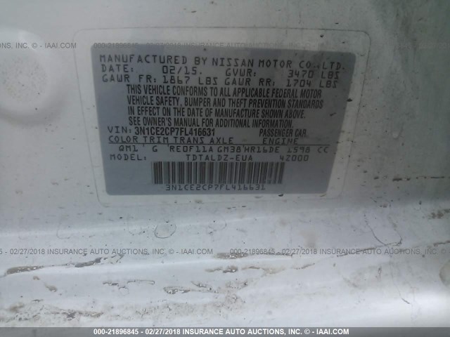 3N1CE2CP7FL416631 - 2015 NISSAN VERSA NOTE S/S PLUS/SV/SL/SR WHITE photo 9