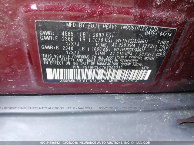 4S4BRCLC7E3309312 - 2014 SUBARU OUTBACK 2.5I LIMITED RED photo 9