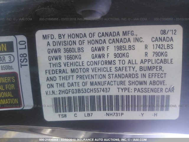 2HGFG3B53CH557437 - 2012 HONDA CIVIC LX BLACK photo 9