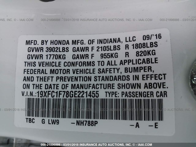19XFC1F78GE221455 - 2016 HONDA CIVIC EXL WHITE photo 9