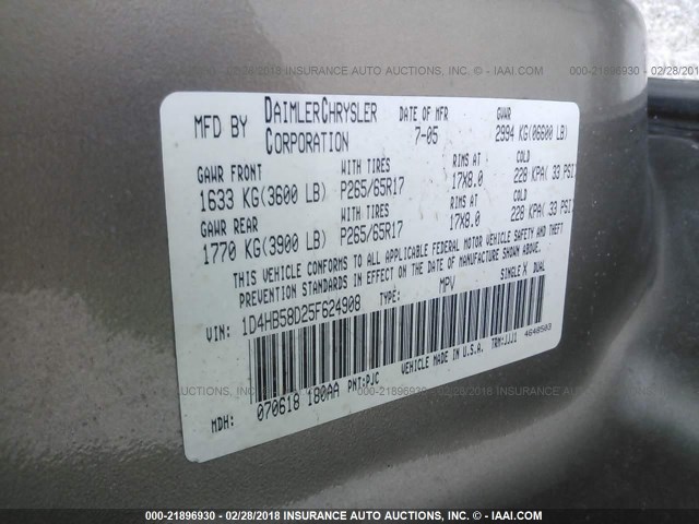 1D4HB58D25F624908 - 2005 DODGE DURANGO LIMITED GOLD photo 9