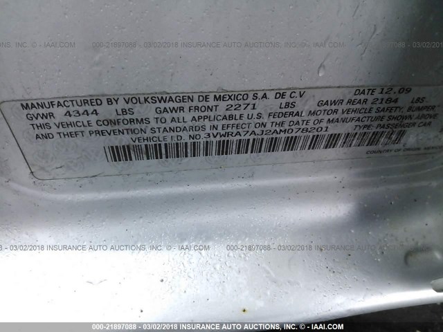 3VWRA7AJ2AM078201 - 2010 VOLKSWAGEN JETTA WOLFSBURG 银色 照片 9