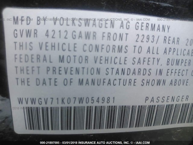 WVWGV71K07W054981 - 2007 VOLKSWAGEN NEW GTI BLACK photo 9