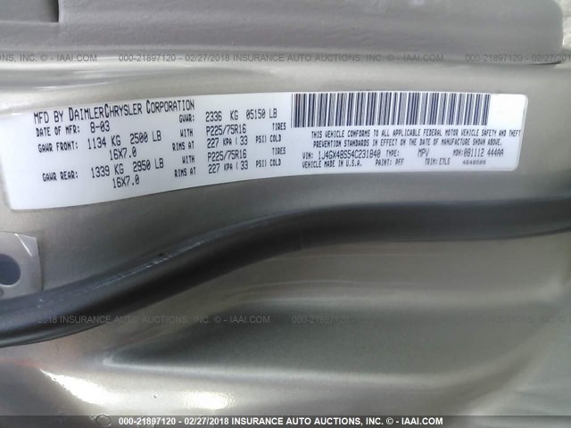 1J4GX48S54C231840 - 2004 JEEP GRAND CHEROKEE LAREDO/COLUMBIA/FREEDOM 金色 照片 9