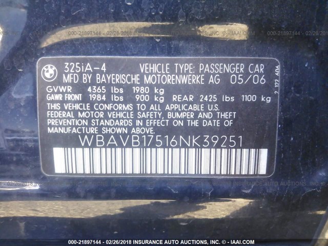 WBAVB17516NK39251 - 2006 BMW 325 I AUTOMATIC ლურჯი ფოტო 9