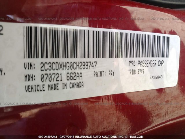 2C3CDXHG0CH299747 - 2012 DODGE CHARGER SXT RED photo 9