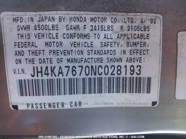 JH4KA7670NC028193 - 1992 ACURA LEGEND LS SILVER photo 9