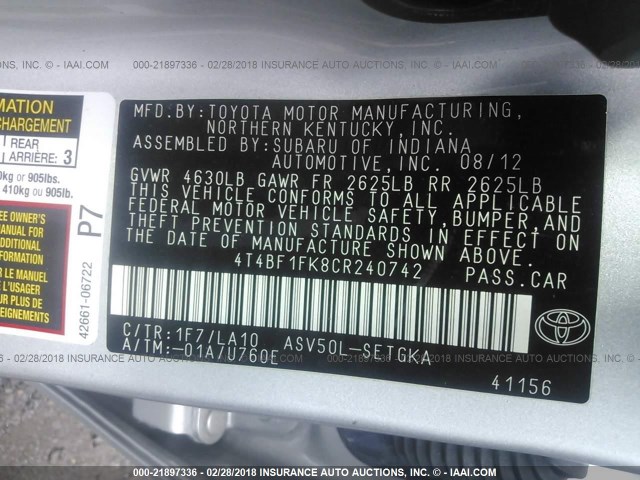 4T4BF1FK8CR240742 - 2012 TOYOTA CAMRY SE/LE/XLE SILVER photo 9