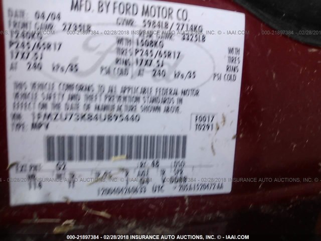 1FMZU73K84UB95440 - 2004 FORD EXPLORER XLT/XLT SPORT/NBX RED photo 9