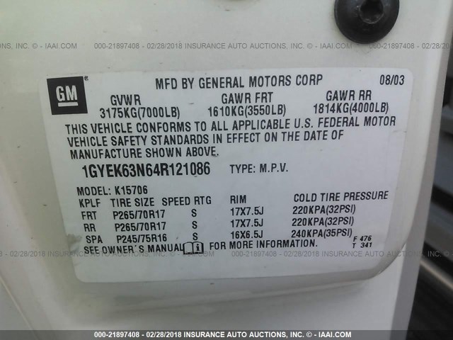 1GYEK63N64R121086 - 2004 CADILLAC ESCALADE LUXURY Ağ foto 9