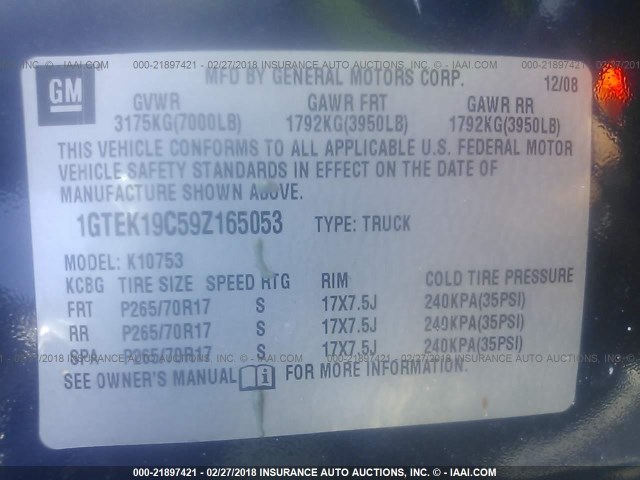 1GTEK19C59Z165053 - 2009 GMC SIERRA K1500 BLUE photo 9