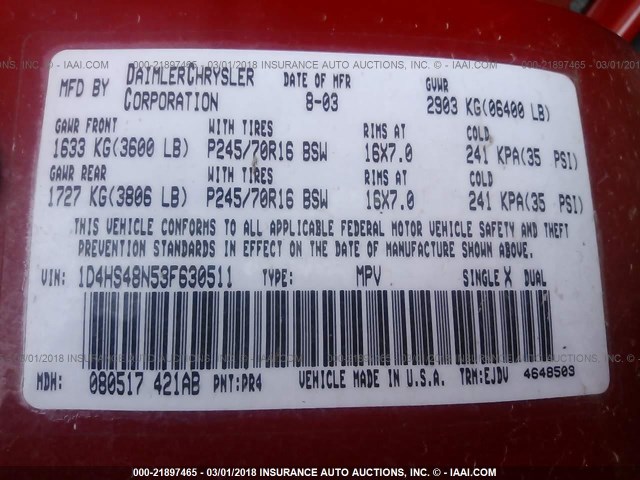 1D4HS48N53F630511 - 2003 DODGE DURANGO SLT RED photo 9