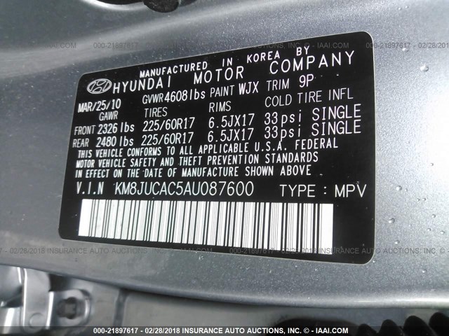 KM8JUCAC5AU087600 - 2010 HYUNDAI TUCSON GLS/LIMITED 银色 照片 9