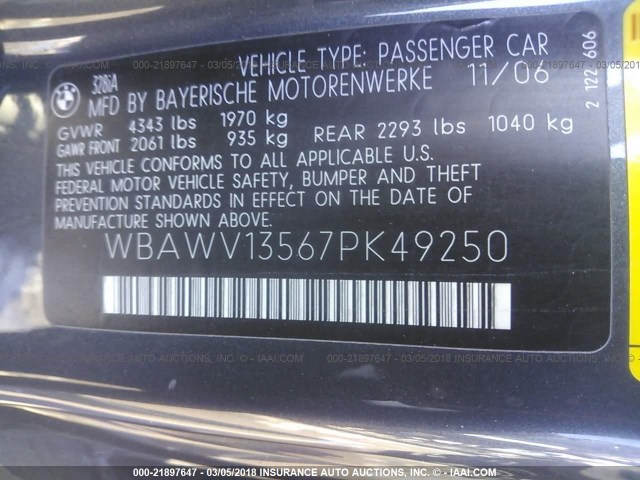 WBAWV13567PK49250 - 2007 BMW 328 I SULEV GRAY photo 9