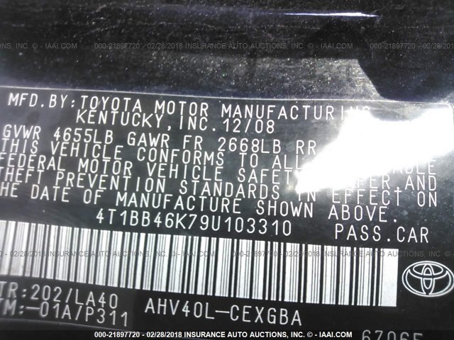 4T1BB46K79U103310 - 2009 TOYOTA CAMRY HYBRID BLACK photo 9