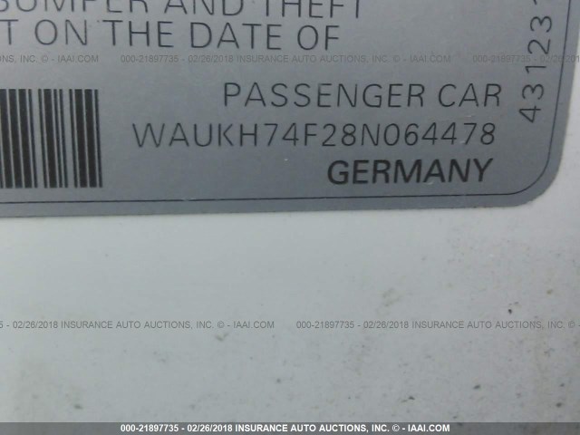 WAUKH74F28N064478 - 2008 AUDI A6 AVANT QUATTRO WHITE photo 9