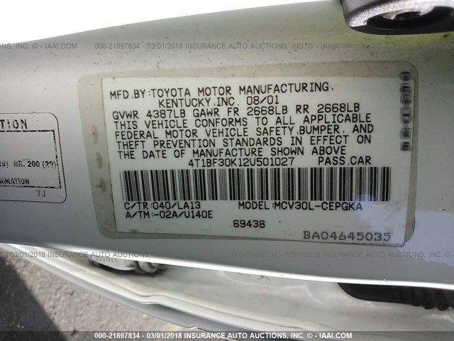 4T1BF30K12U501027 - 2002 TOYOTA CAMRY LE/XLE/SE WHITE photo 9