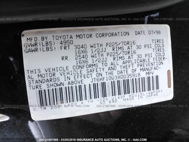 JT6HF10U3X0035918 - 1999 LEXUS RX 300 BLACK photo 9