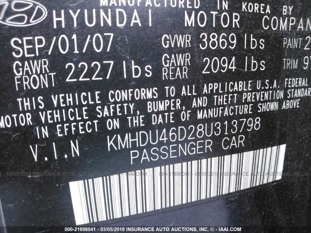 KMHDU46D28U313798 - 2008 HYUNDAI ELANTRA GLS/SE/LIMITED BLUE photo 9