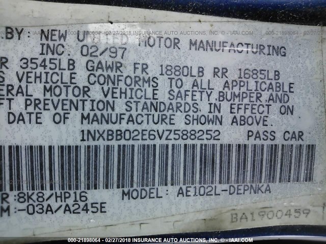 1NXBB02E6VZ588252 - 1997 TOYOTA COROLLA DX BLUE photo 9