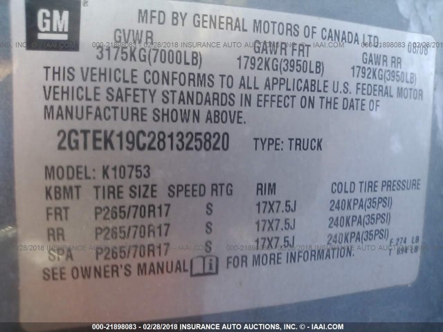 2GTEK19C281325820 - 2008 GMC SIERRA K1500 BLUE photo 9