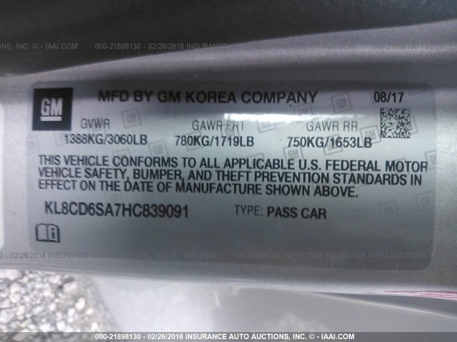 KL8CD6SA7HC839091 - 2017 CHEVROLET SPARK 1LT Серебристый фото 9