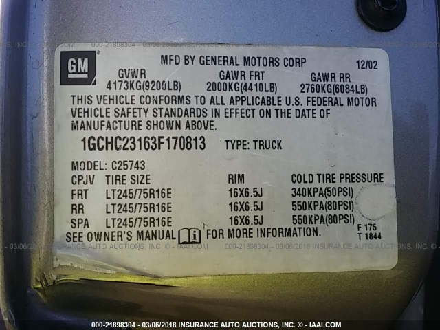 1GCHC23163F170813 - 2003 CHEVROLET SILVERADO C2500 HEAVY DUTY GOLD photo 9