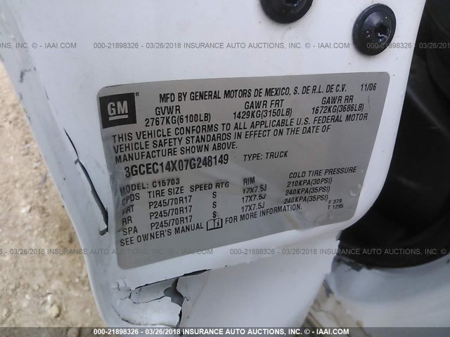 3GCEC14X07G248149 - 2007 CHEVROLET SILVERADO C1500 CLASSIC WHITE photo 9