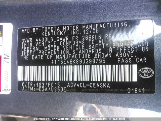 4T1BE46K89U398795 - 2009 TOYOTA CAMRY SE/LE/XLE 灰色 照片 9