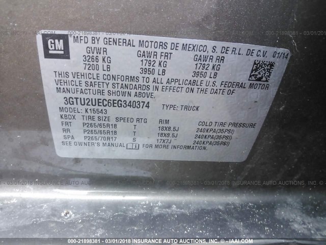 3GTU2UEC6EG340374 - 2014 GMC SIERRA K1500 SLE TAN photo 9