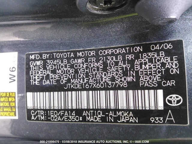 JTKDE167X60137798 - 2006 TOYOTA SCION TC 灰色 照片 9