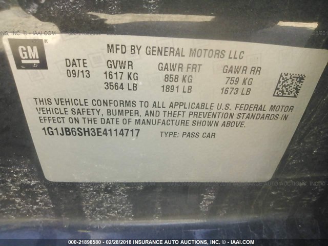 1G1JB6SH3E4114717 - 2014 CHEVROLET SONIC LS 灰色 照片 9