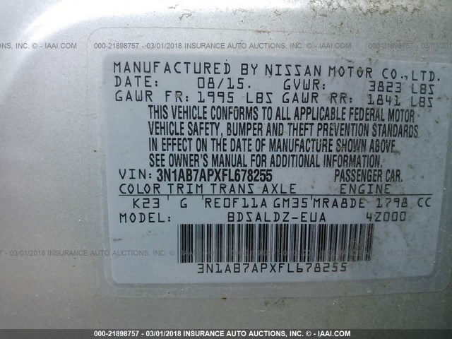 3N1AB7APXFL678255 - 2015 NISSAN SENTRA S/SV/SR/SL SILVER photo 9