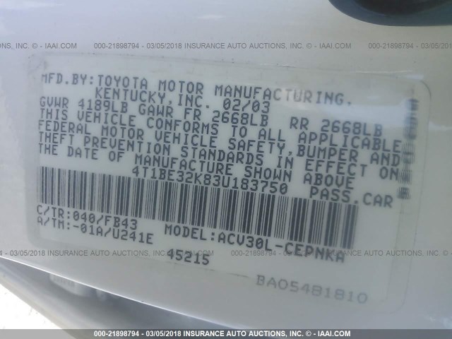 4T1BE32K83U183750 - 2003 TOYOTA CAMRY LE/XLE/SE თეთრი ფოტო 9