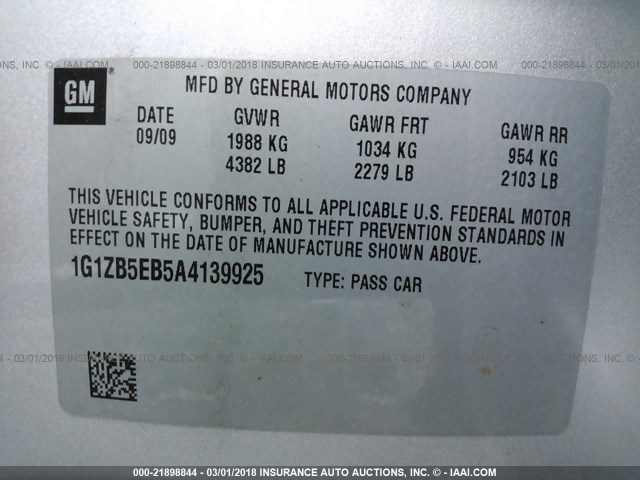 1G1ZB5EB5A4139925 - 2010 CHEVROLET MALIBU LS 银色 照片 9