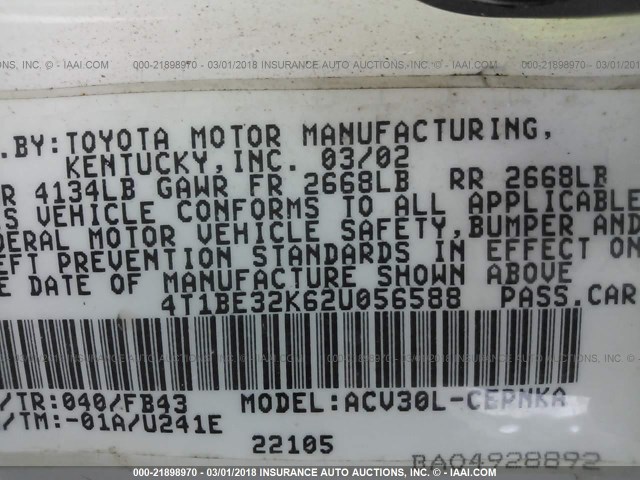 4T1BE32K62U056588 - 2002 TOYOTA CAMRY LE/XLE/SE WHITE photo 9