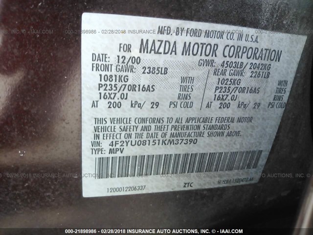 4F2YU08151KM37390 - 2001 MAZDA TRIBUTE LX/ES BURGUNDY photo 9