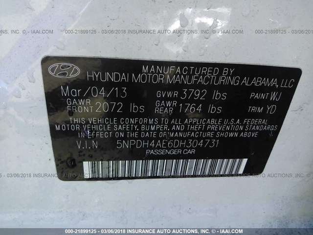 5NPDH4AE6DH304731 - 2013 HYUNDAI ELANTRA GLS/LIMITED WHITE photo 9