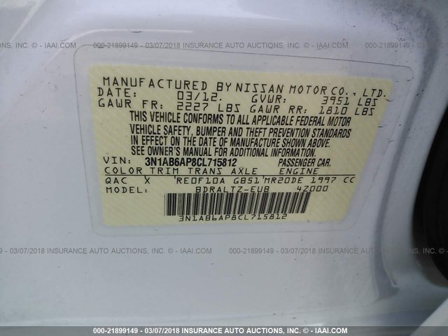 3N1AB6AP8CL715812 - 2012 NISSAN SENTRA 2.0/2.0S/SR/2.0SL WHITE photo 9