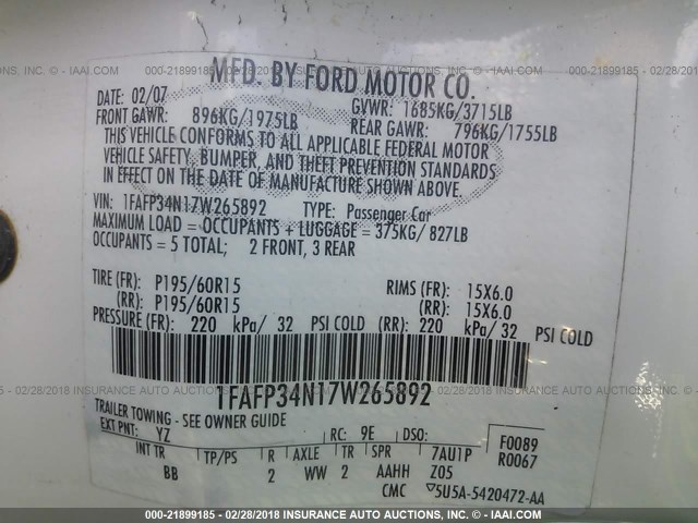 1FAFP34N17W265892 - 2007 FORD FOCUS ZX4/S/SE/SES 白色 照片 9