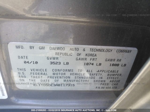 KL1TD5DE3AB117315 - 2010 CHEVROLET AVEO LS/LT 灰色 照片 9