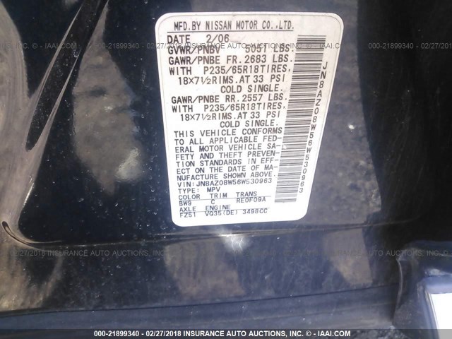 JN8AZ08W56W530963 - 2006 NISSAN MURANO SL/SE/S BLUE photo 9