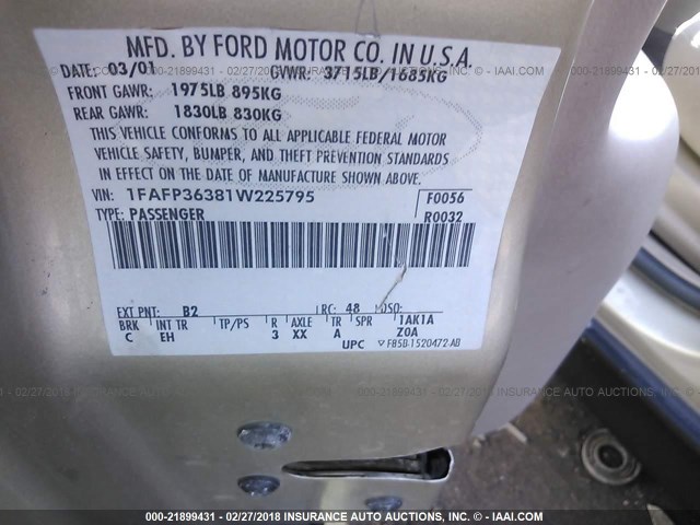 1FAFP36381W225795 - 2001 FORD FOCUS SE/SE COMFORT GOLD photo 9