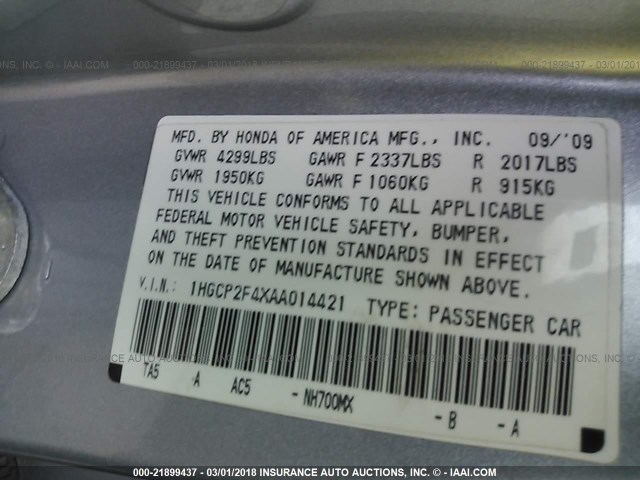 1HGCP2F4XAA014421 - 2010 HONDA ACCORD LXP SILVER photo 9