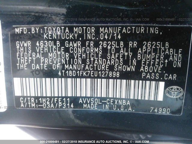 4T1BD1FK7EU127898 - 2014 TOYOTA CAMRY HYBRID/LE/XLE 绿色 照片 9