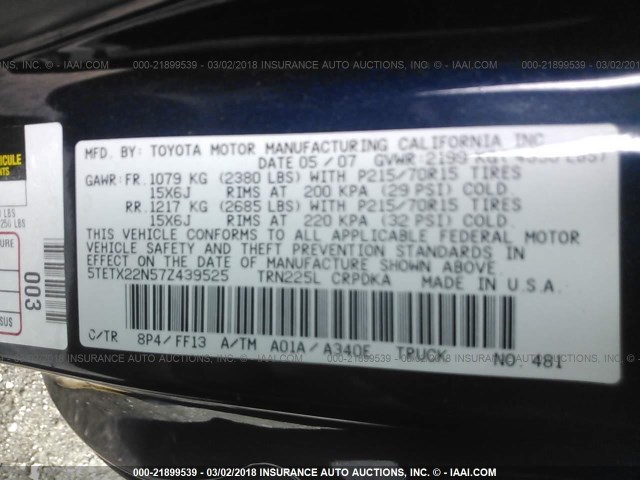 5TETX22N57Z439525 - 2007 TOYOTA TACOMA ACCESS CAB Blau Foto 9