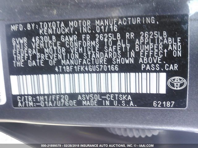 4T1BF1FK4GU570166 - 2016 TOYOTA CAMRY LE/XLE/SE/XSE GRAY photo 9