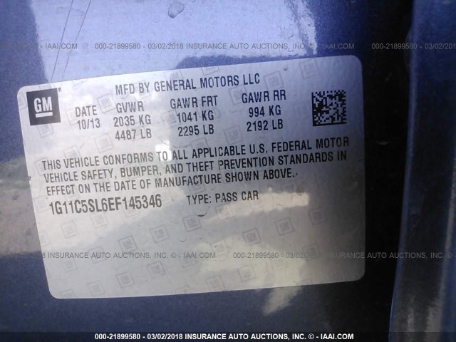 1G11C5SL6EF145346 - 2014 CHEVROLET MALIBU 1LT ლურჯი ფოტო 9