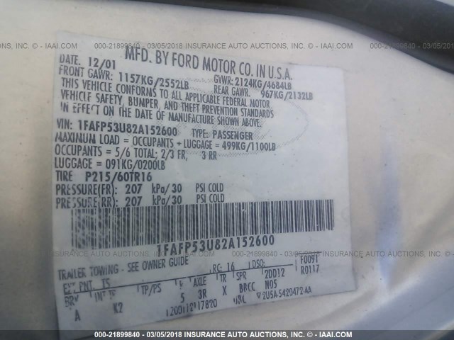 1FAFP53U82A152600 - 2002 FORD TAURUS SE SILVER photo 9