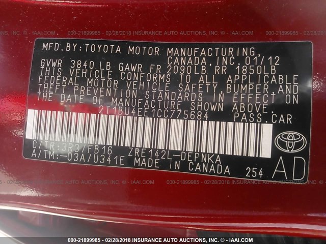 2T1BU4EE1CC775684 - 2012 TOYOTA COROLLA S/LE RED photo 9